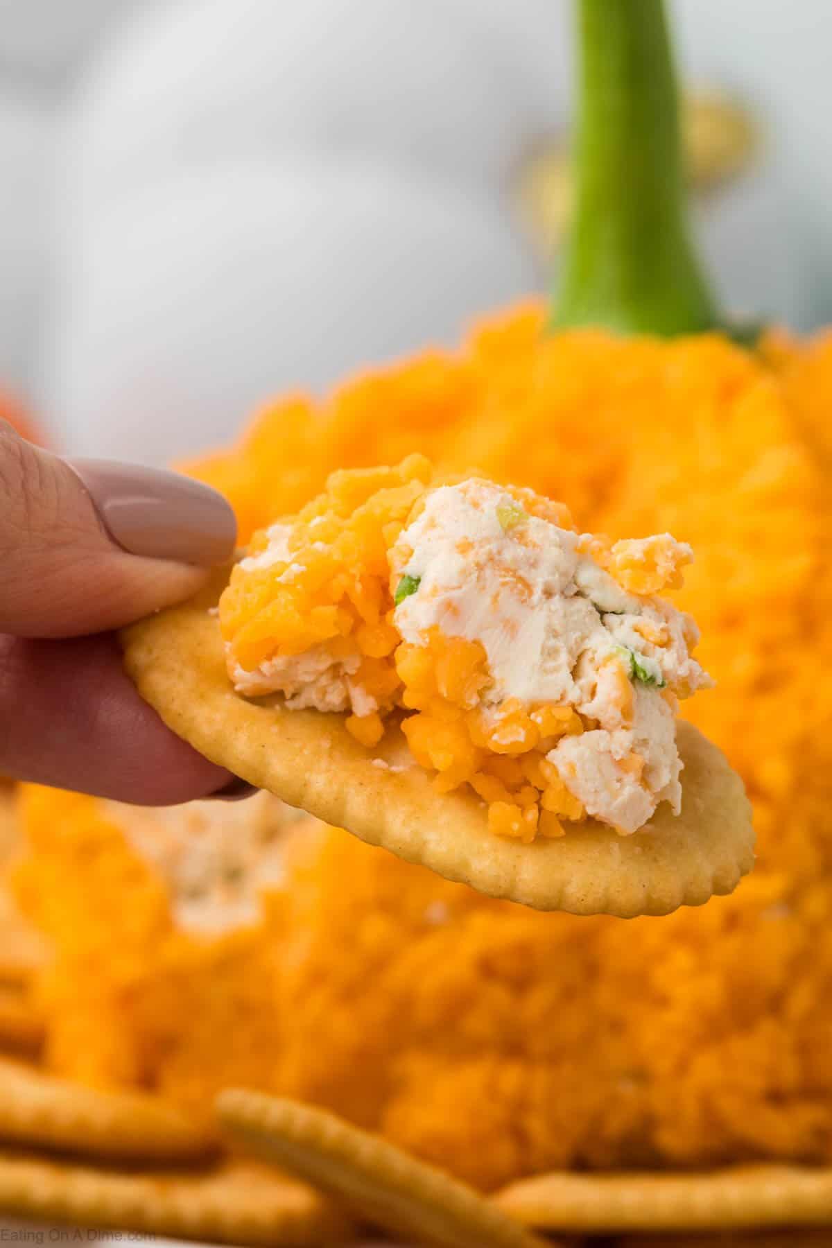 A hand holds a cracker with a cheese and spread mixture on top. In the background, a large cheeseball covered in bright orange shredded cheese, reminiscent of pumpkin hues, is visible along with more crackers. The setting appears to be a casual meal or party.