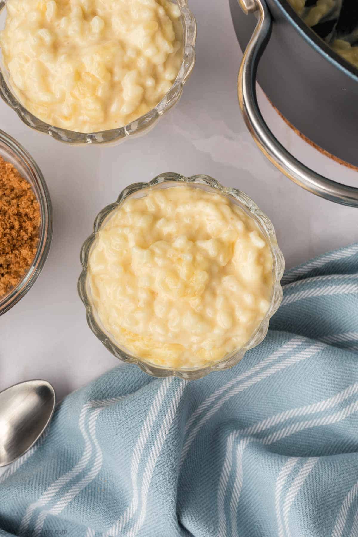 Rice pudding mixture in a clear bowl