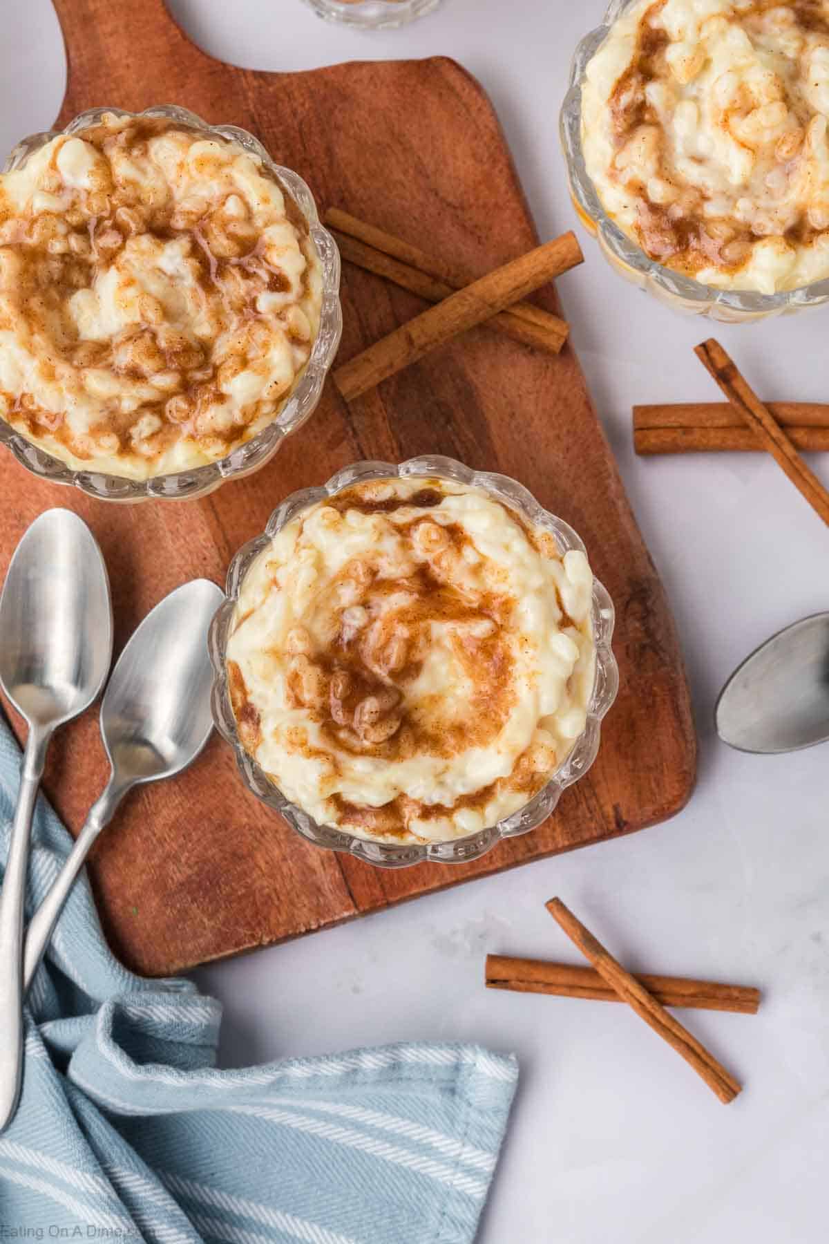 Rice pudding in a bowl topped with brown sugar swirl