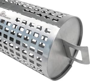 A cylindrical metal container featuring a grid-like pattern of square holes and a handle on one end, this top-tier grill basket is an essential chimney starter accessory for any outdoor cooking enthusiast.