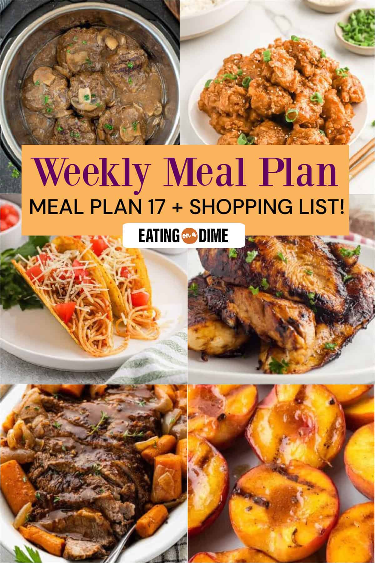 Picture of the meals from this week's meal plan: Instant Pot Salisbury Steak, Crispy Honey Chicken, Spaghetti Tacos, Balsamic Chicken, Slow Cooker Red Wine Beef Brisket, and Grilled Peaches