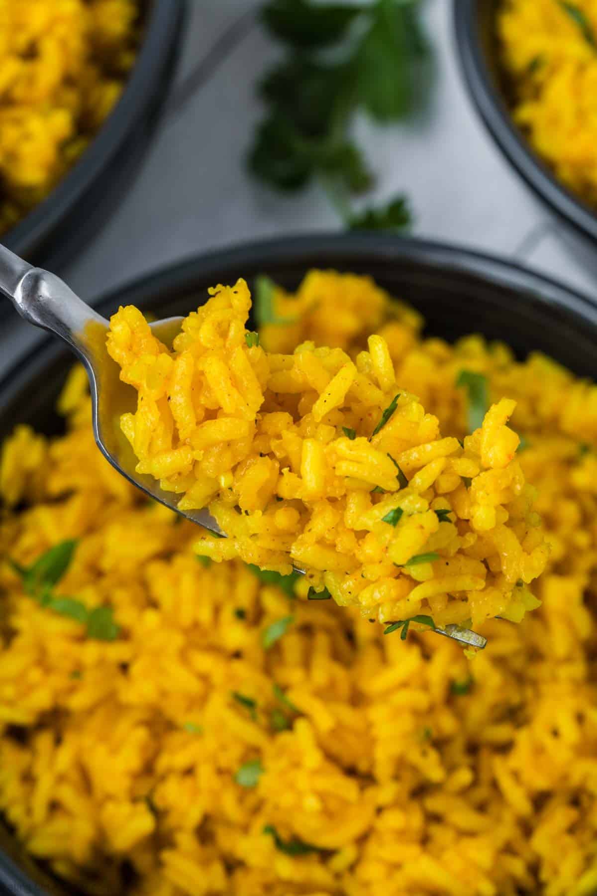 Yellow Rice in a bowl with a serving on a fork