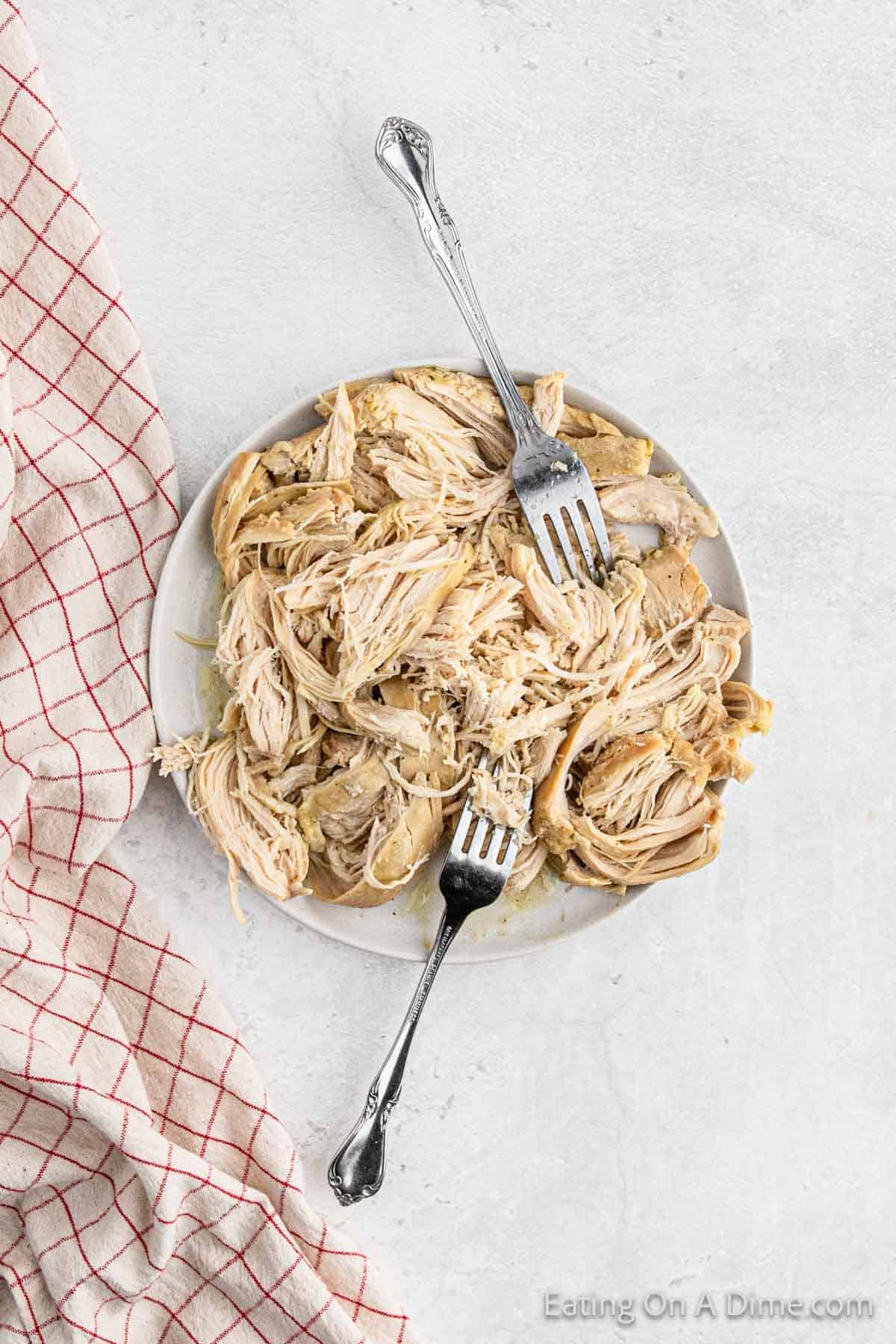 Shredded chicken on a plate with two forks