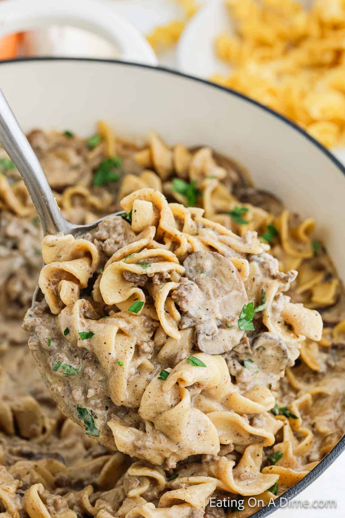 A large spoon lifts a portion of creamy beef stroganoff made with wide egg noodles, sliced mushrooms, and chunks of beef, garnished with chopped parsley. The dish is in a white pot, resembling a homemade Hamburger Helper meal, with a bowl of chips visible in the background.