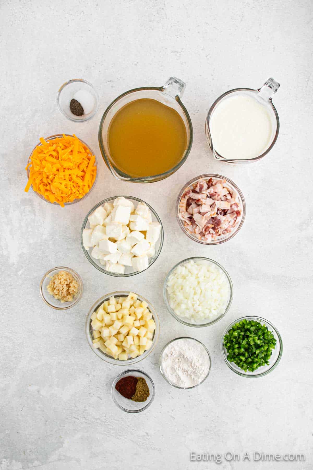 Ingredients - Bacon, Onion, jalapeno peppers, garlic, flour, chicken broth, potatoes, heavy cream, cream cheese, cheese, salt, smoked paprika, ground cumin, pepper, cilantro