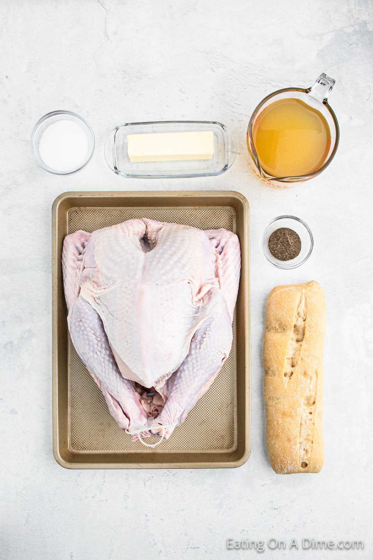 Ingredients - Whole Turkey, ciabatta bread, butter, salt, pepper, chicken broth