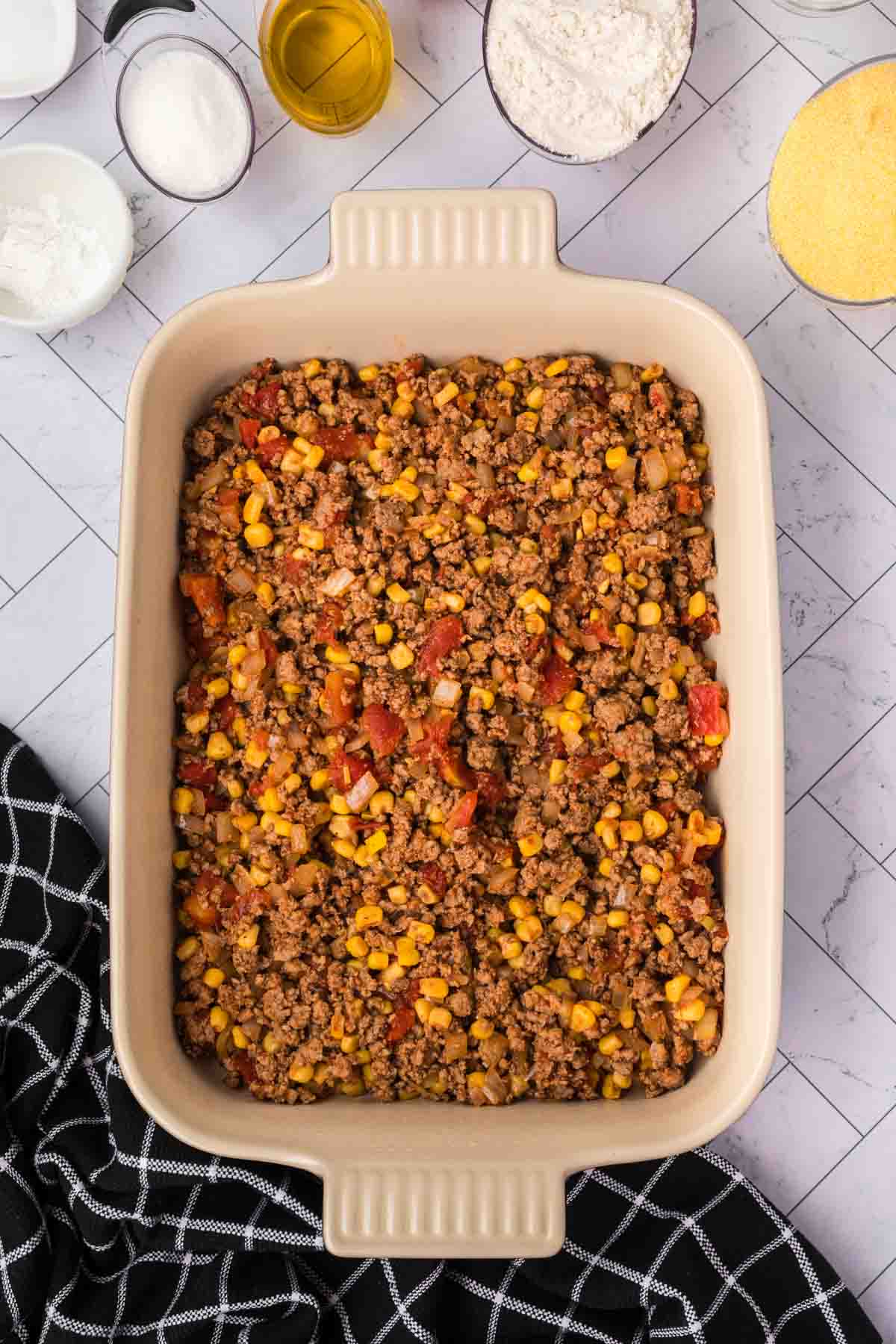 Beef Mixture layered in a baking dish