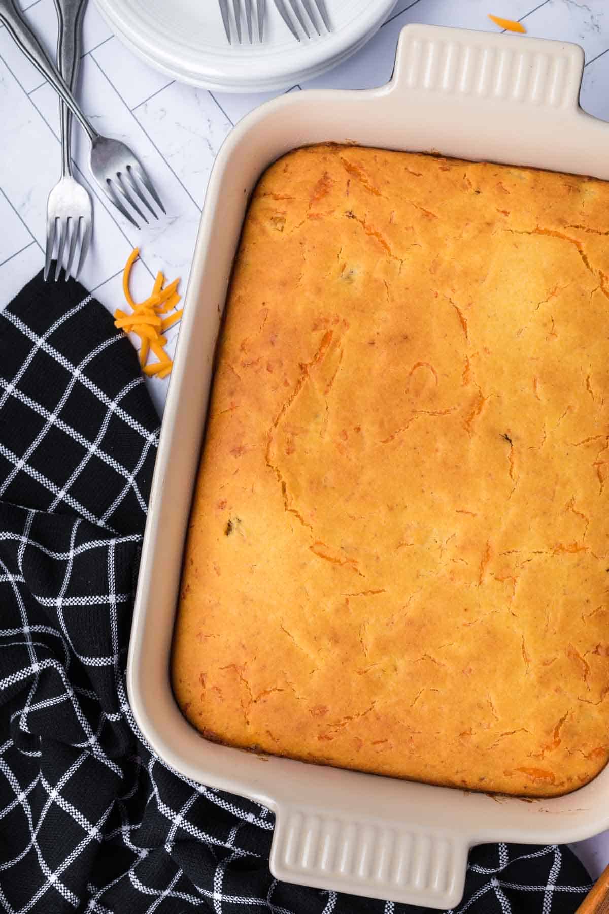 Cornbread casserole in a baking dish