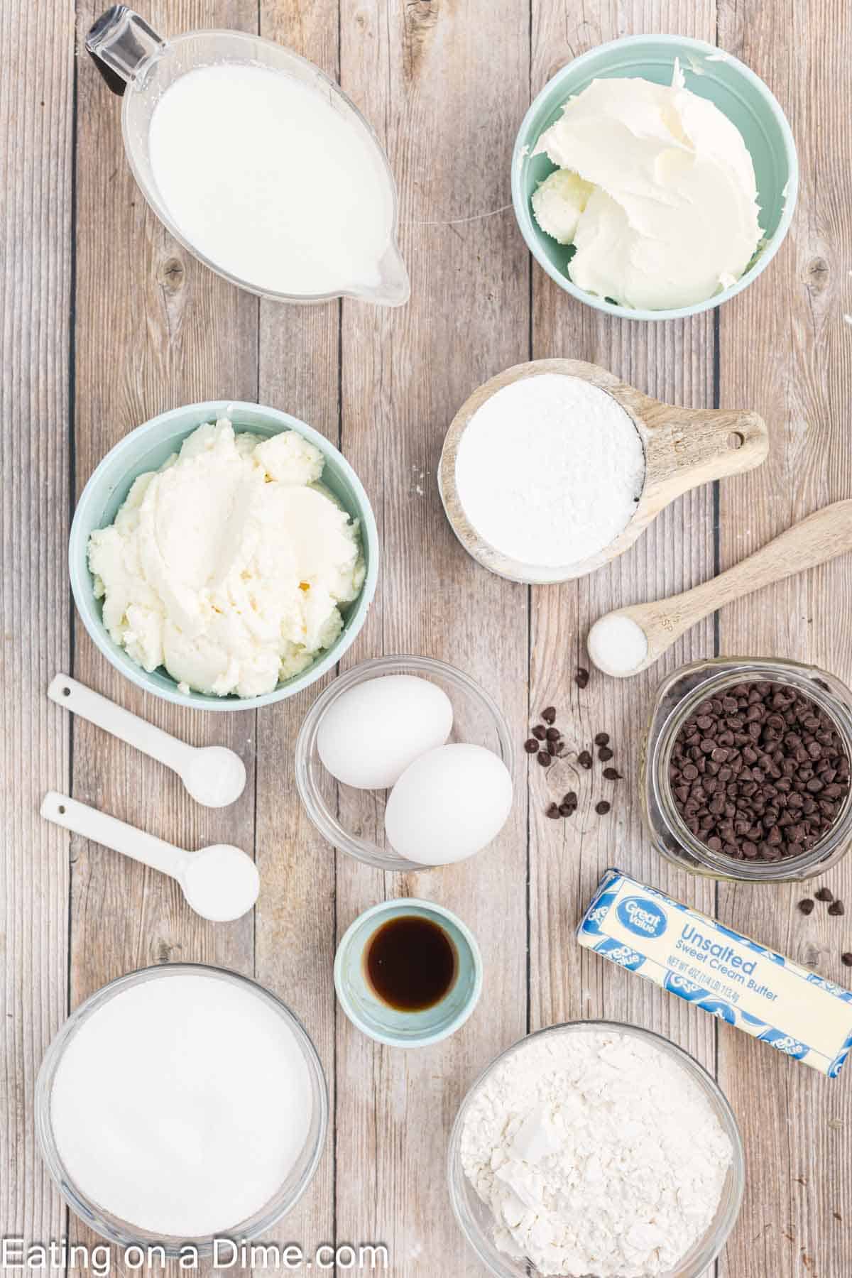 Ingredients - Flour, baking powder, baking soda, salt, sugar, butter, eggs, vanilla extract, buttermilk, Ricotta Cheese, Mascarpone Cheese, powdered sugar, mini chocolate chips