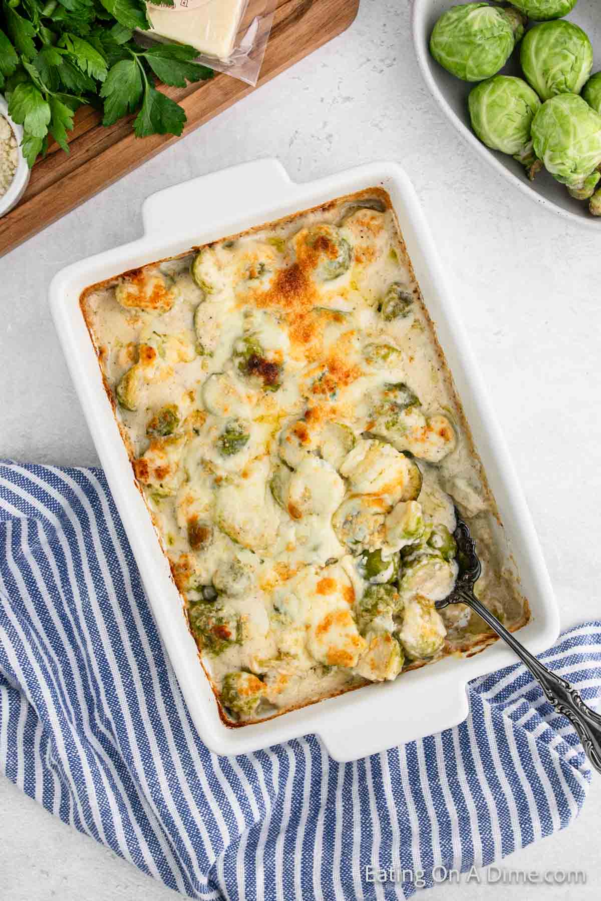 A baked casserole dish sits on a striped cloth, filled with Brussels sprouts au gratin in a creamy sauce, topped with melted and slightly browned cheese. A serving spoon rests in the dish, and fresh Brussels sprouts are visible in a bowl nearby, inviting you to try this delectable recipe.