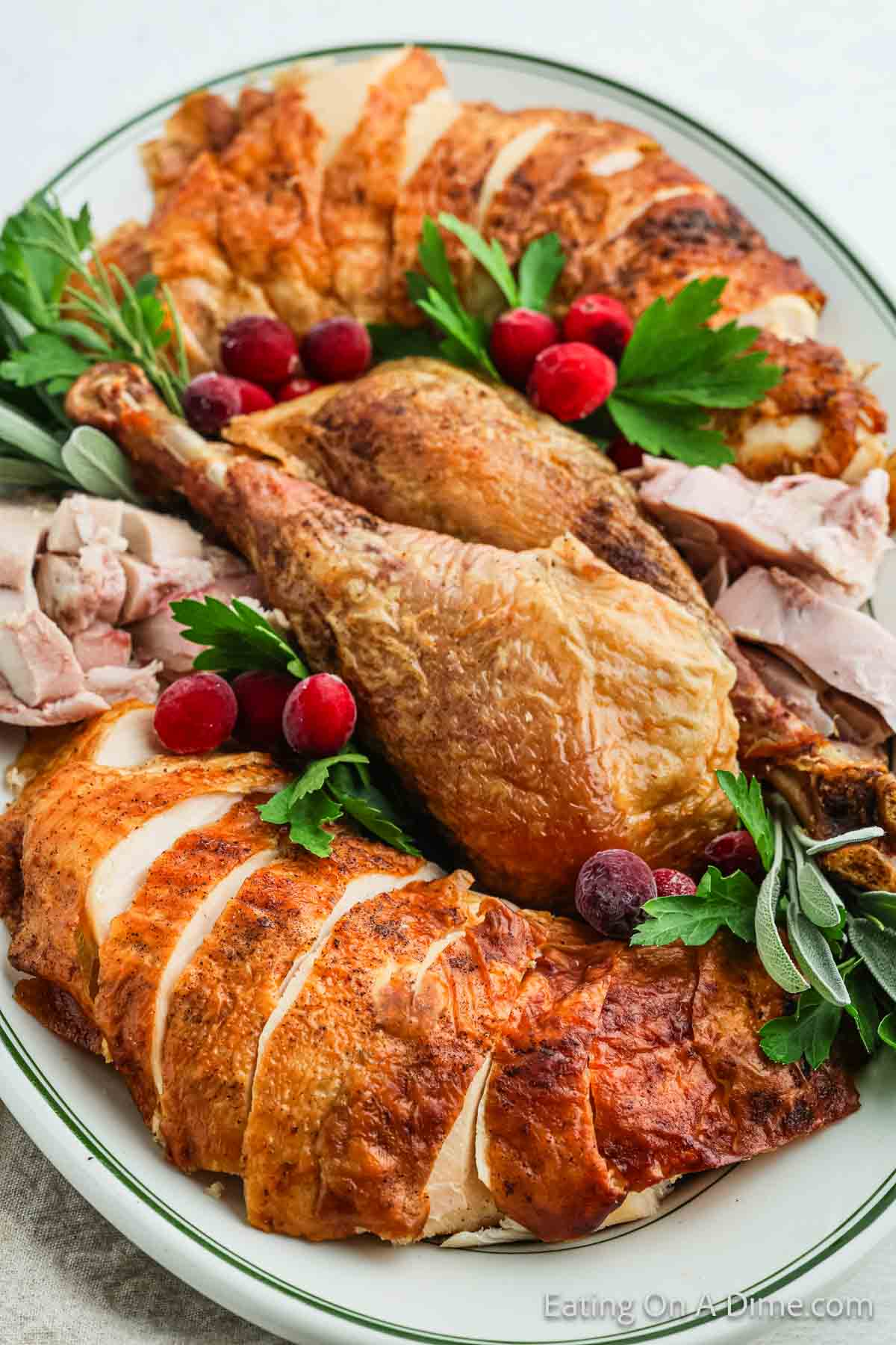 A platter of roasted turkey with crispy skin, garnished with fresh parsley and red cranberries. Masterfully carved turkey breast slices surround the whole drumstick on a white plate, showcasing an expert touch in turkey carving artistry.