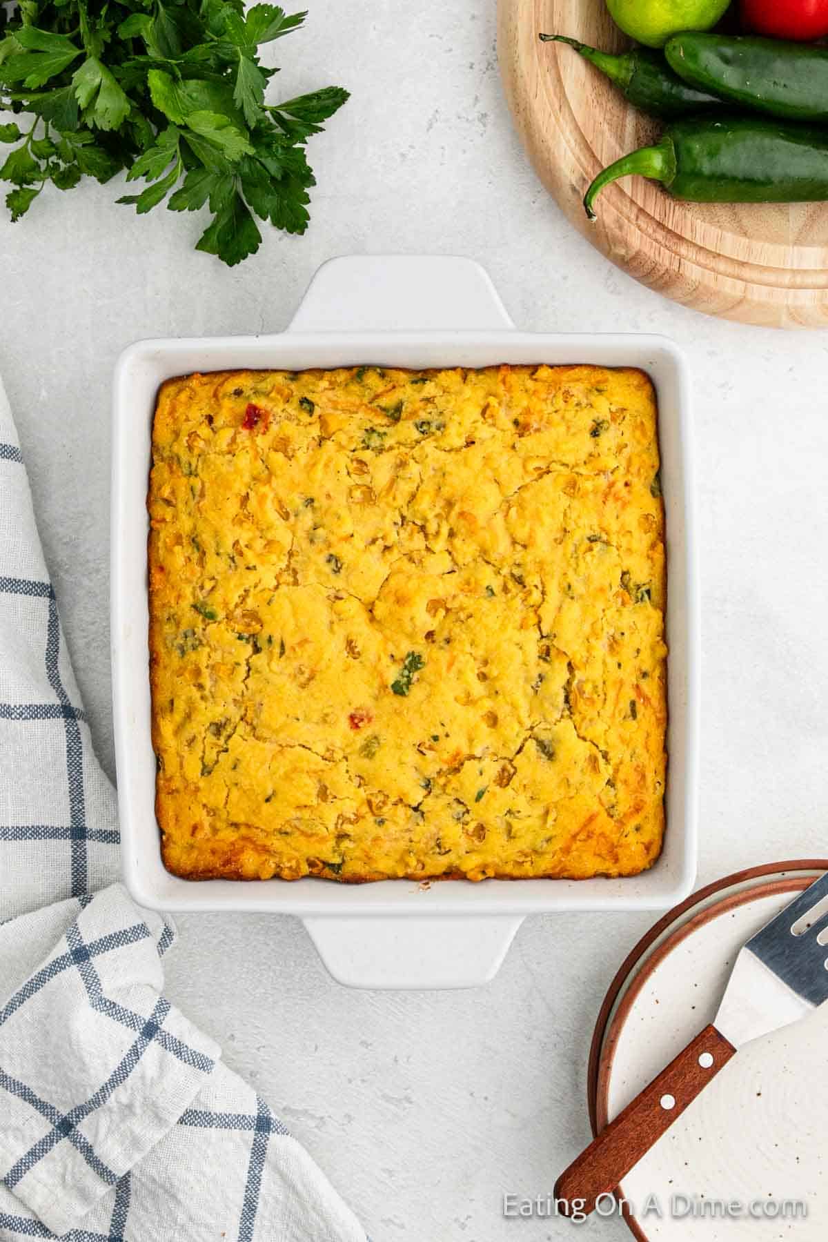 Baked Mexican Cornbread in a baking dish