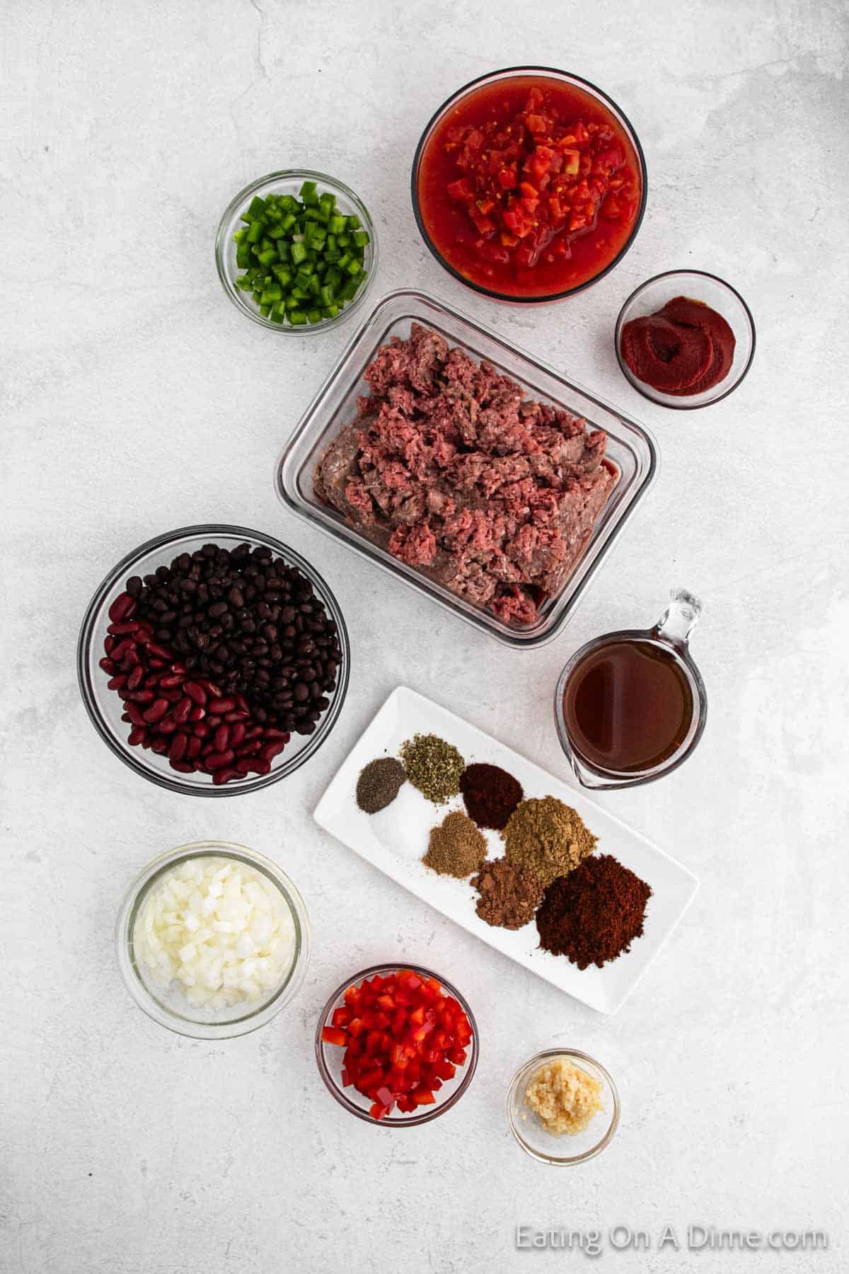 Ingredients - Ground Venison, onion, garlic, red bell pepper, green bell pepper, diced tomatoes, kidney beans, black beans, beef broth, tomato paste, chili powder, cumin, paprika, oregano, cocoa powder, ground coriander, salt, pepper