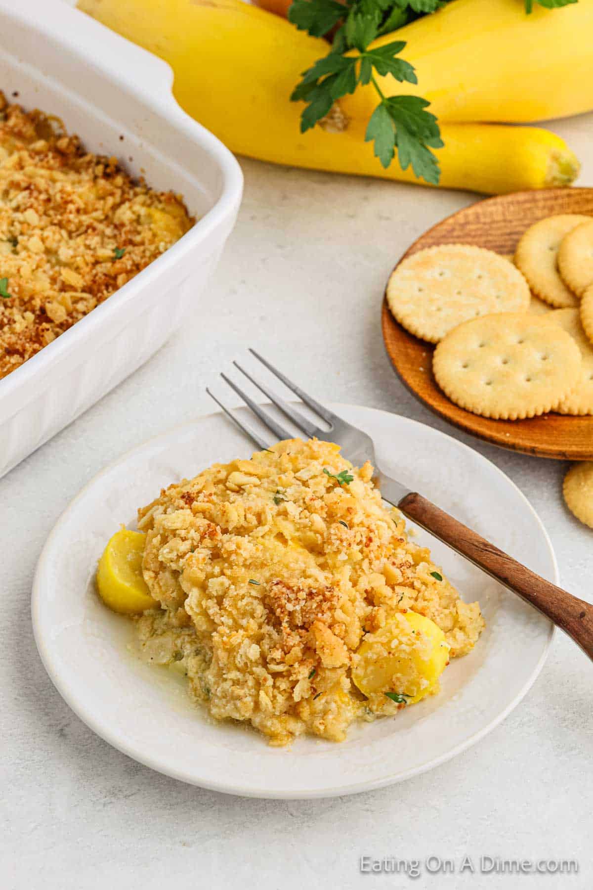 A serving of squash casserole on a plate