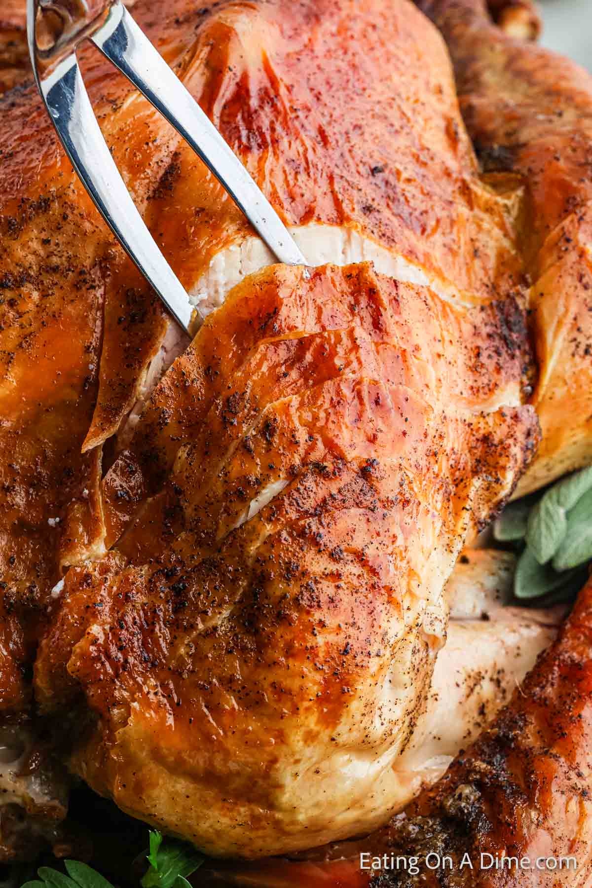 Golden Brown Whole Turkey Sliced with a large fork