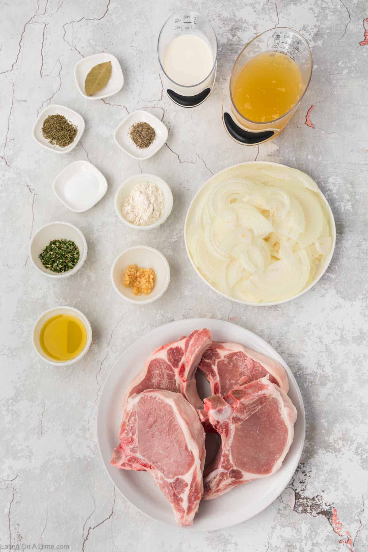 Ingredients - Pork Chops, salt, pepper, thyme, oil, onions, garlic, flour, broth, heavy cream, rosemary, bay leaf