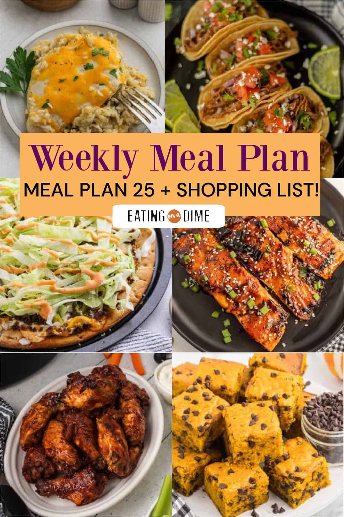 Picture of the meals from this week's meal plan: Chicken and Rice Casserole, Crock Pot Street Tacos, Big Mac Pizza, Teriyaki Salmon, Slow Cooker bBQ Chicken Wings, and Pumpkin Chocolate Chip Bars.