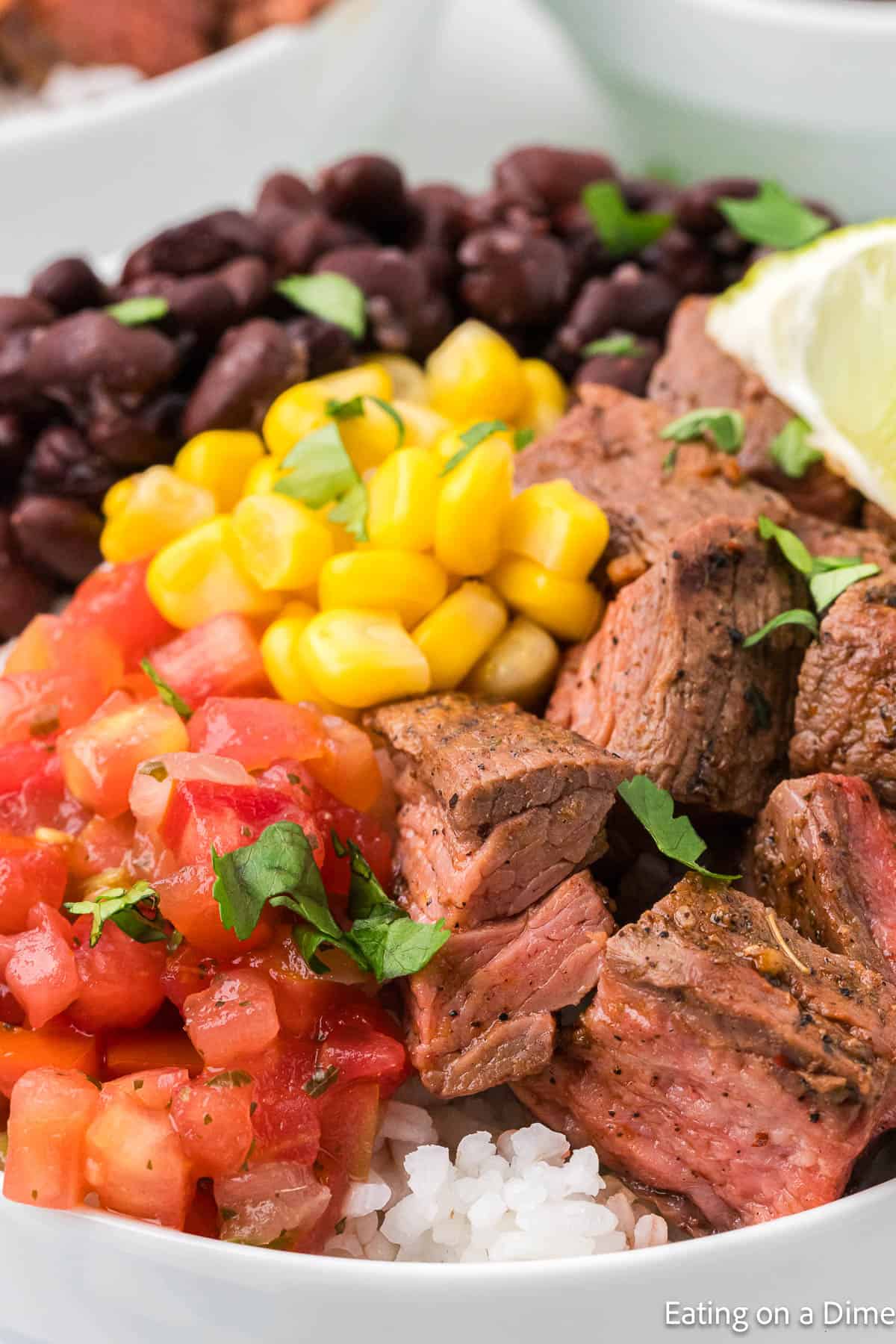 A close-up of a bowl featuring juicy Chipotle steak pieces, diced tomatoes, corn, black beans, and white rice, garnished with fresh cilantro and a lime wedge on the side. This copycat recipe captures the authentic flavors you love.