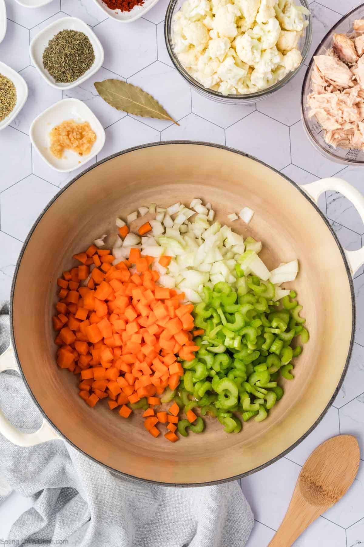 Chopped onions, carrots, celery in a large pot