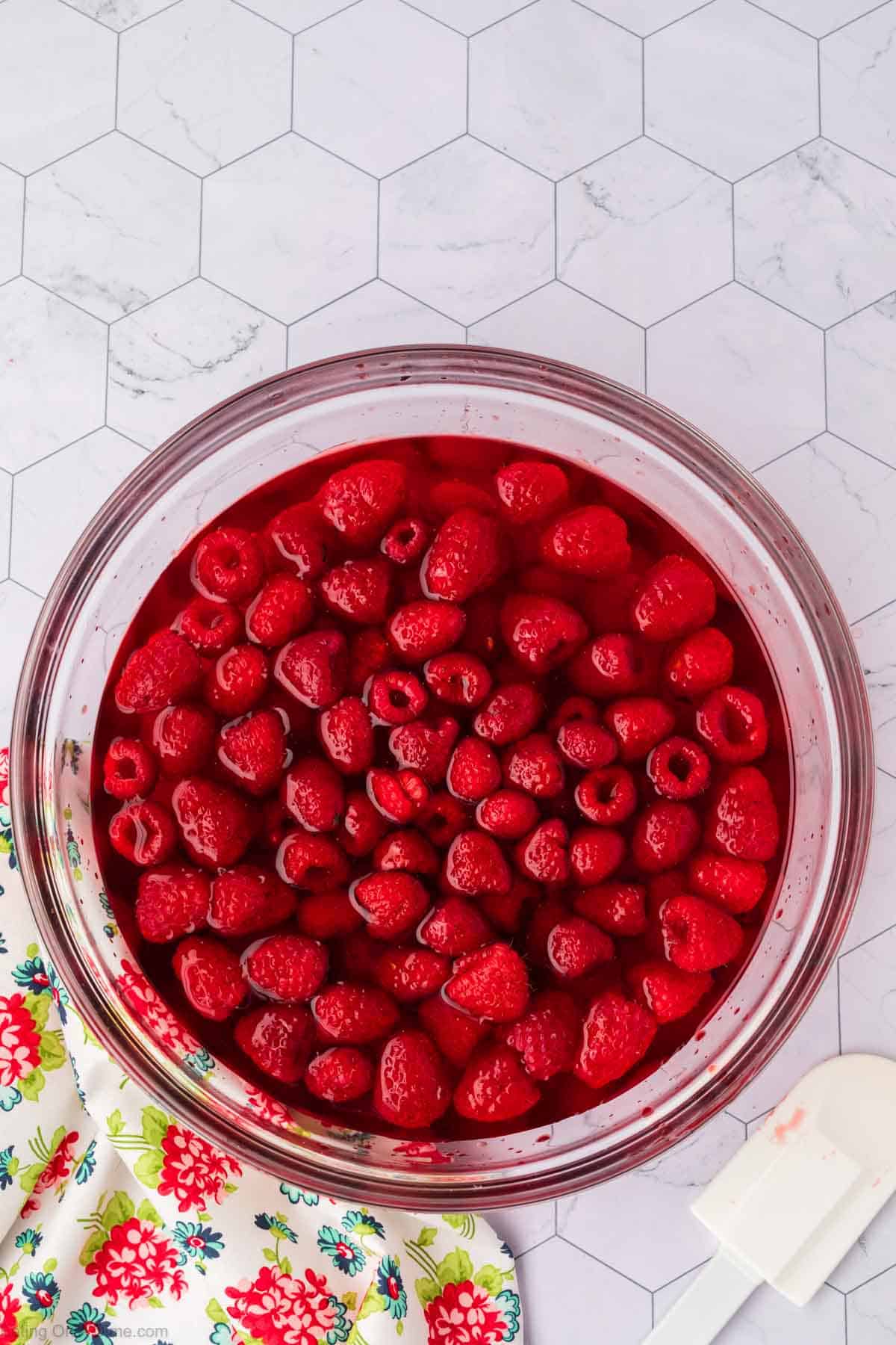 Raspberries in a bowl with the Raspberry Jello