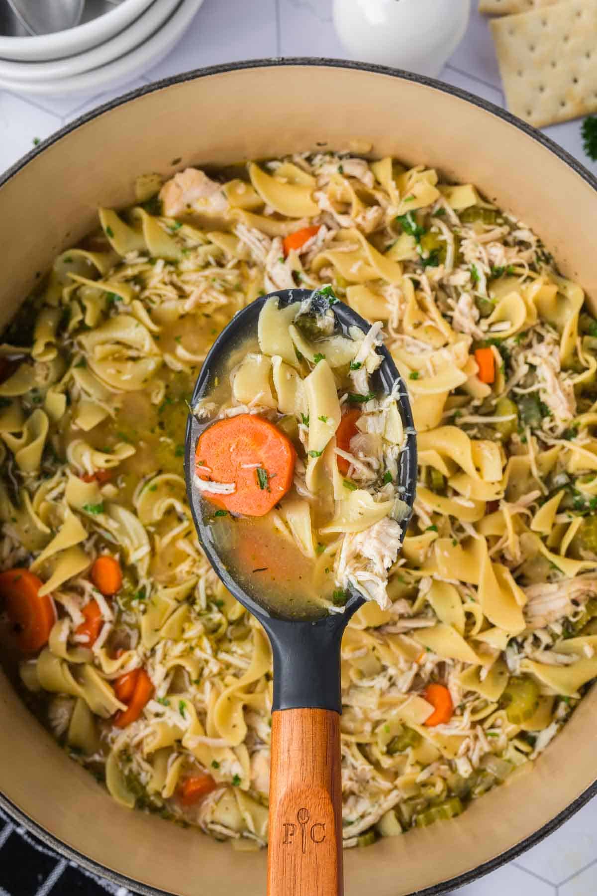 Turkey Noodle Soup in a large pot with a serving of the noodles, turkey and carrots on the spoon