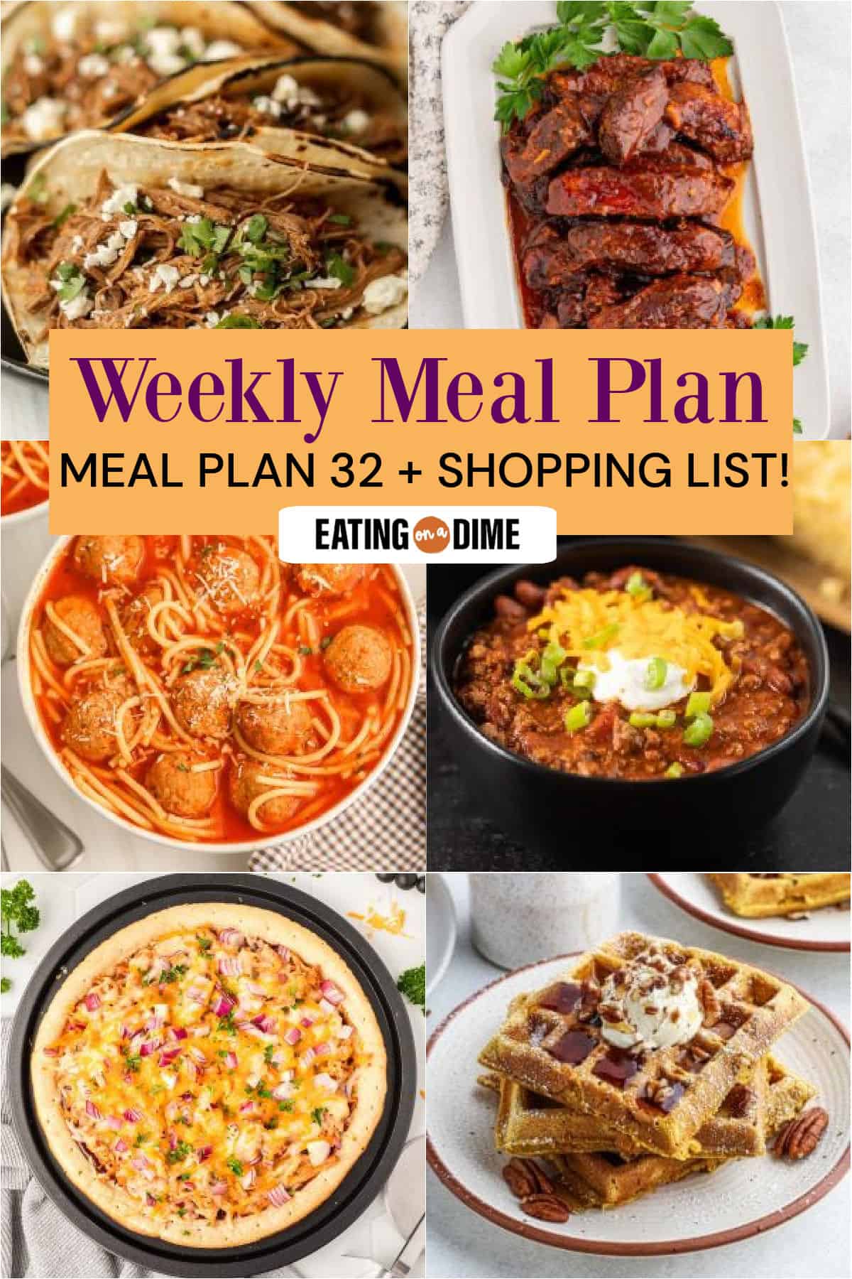 Picture of the meals from this week's meal plan: Crock Pot Brisket Tacos, Crock Pot Country Style Pork Ribs, Spaghetti Soup, Easy Chili, Grilled BBQ Chicken Pizza, and Pumpkin Waffles