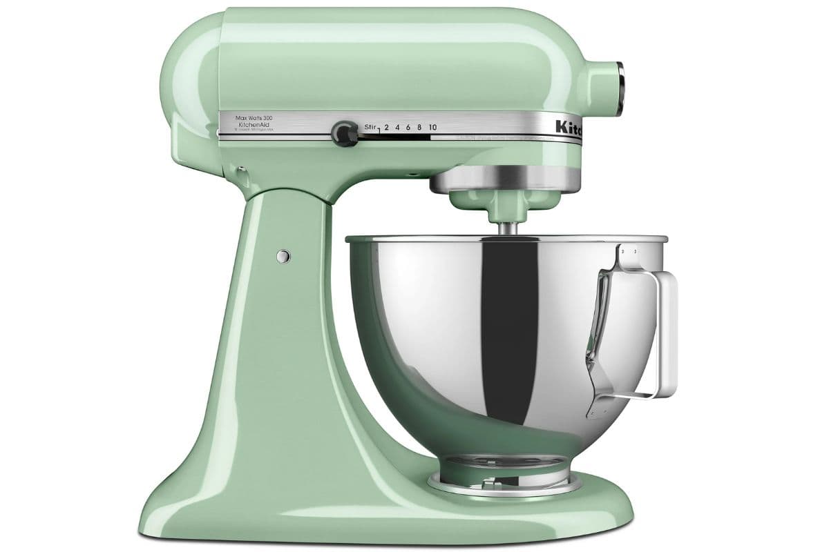 A mint green stand mixer with a stainless steel mixing bowl, featuring multiple speed settings on the side, is showcased in a side view against a white background. Discover this stylish and functional appliance among our Early Black Friday Deals.