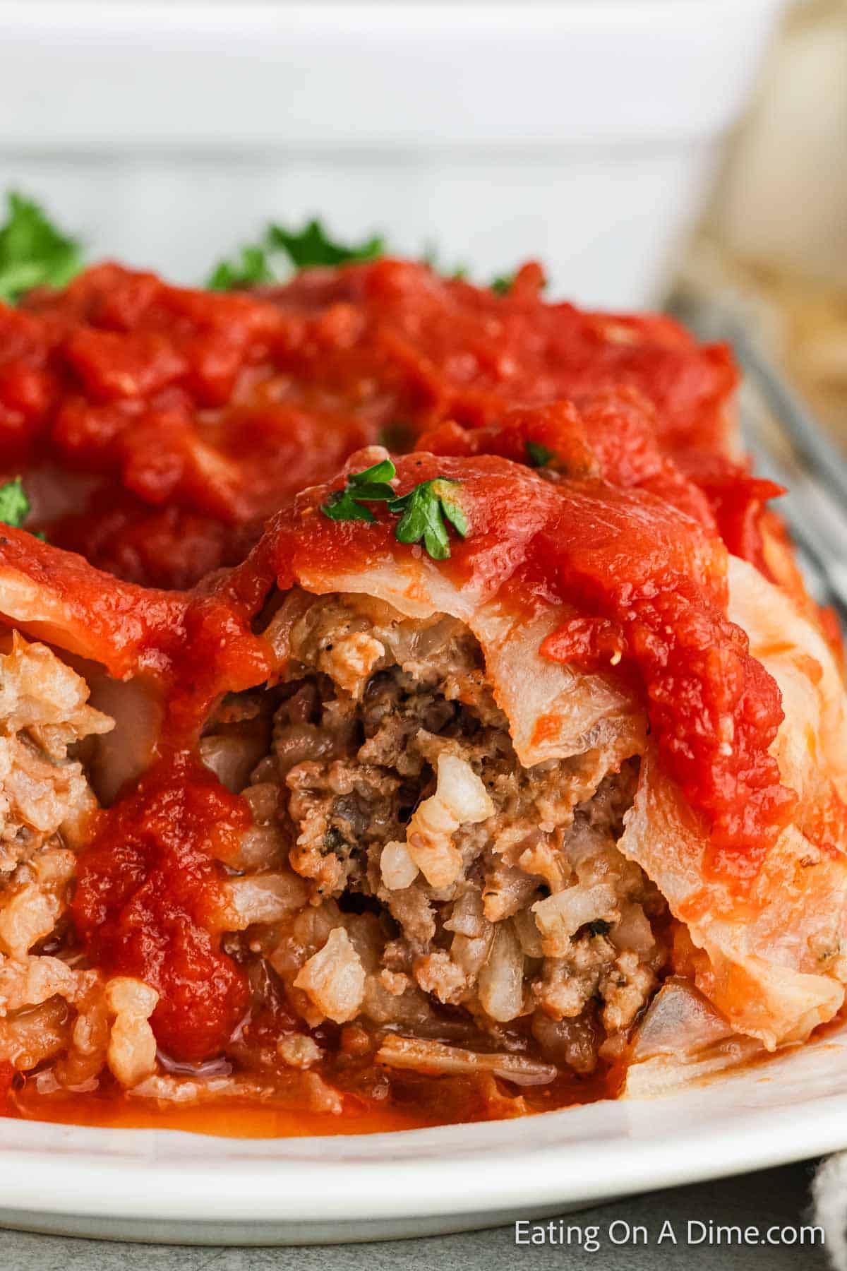 A close-up of stuffed cabbage rolls topped with rich tomato sauce. These classic cabbage recipes feature rolls filled with a savory mixture of rice and ground meat, all beautifully garnished with chopped parsley.