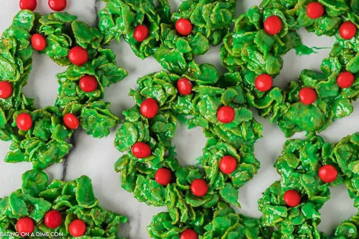 Christmas Wreath Cookies topped with red heart candies