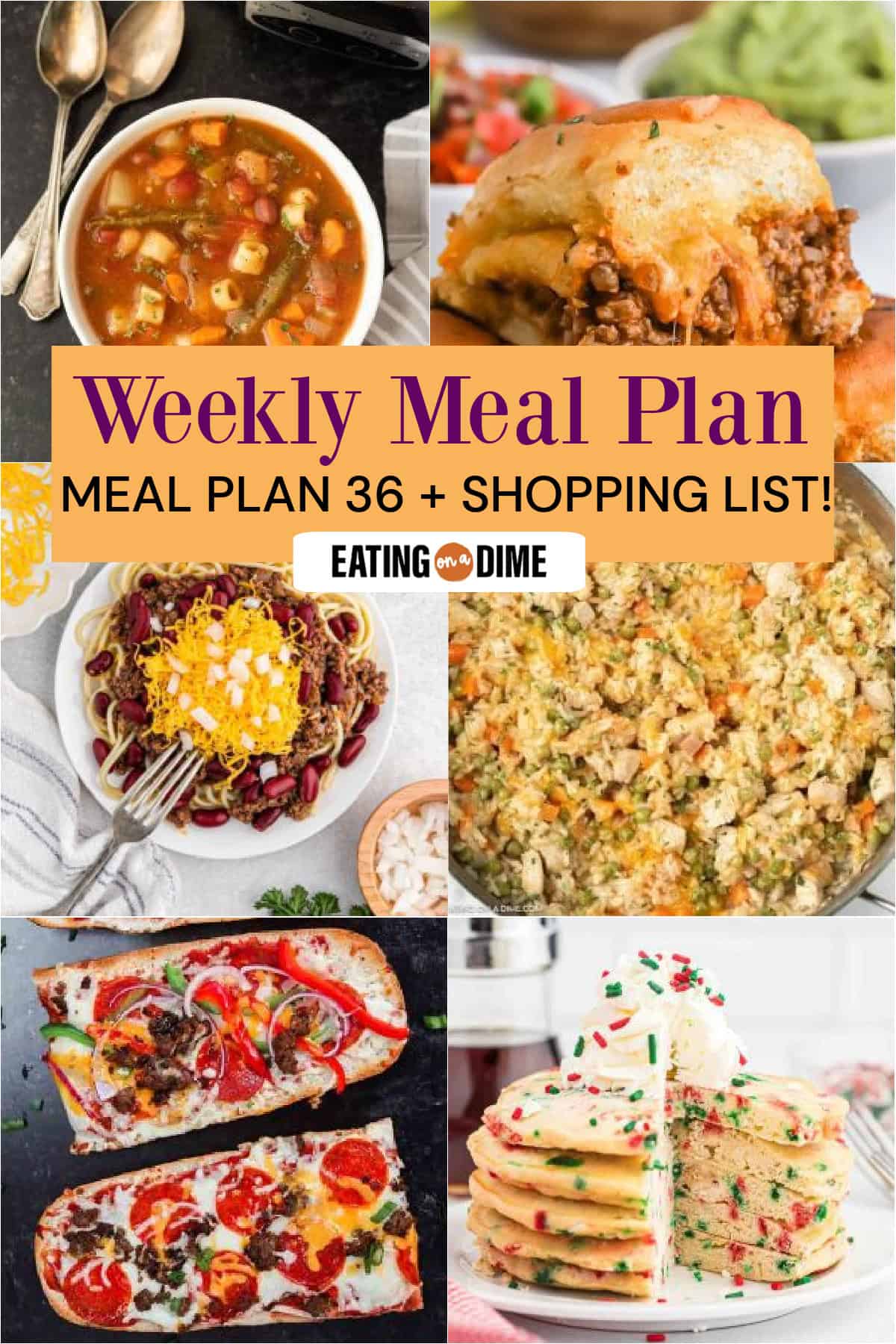  Picture of the meals from this week's meal plan: Crock Pot Minestrone Soup, Taco Sliders, Cincinnati Chili, Cheesy Chicken and Rice Skillet, French Bread Pizza, and Christmas Pancakes