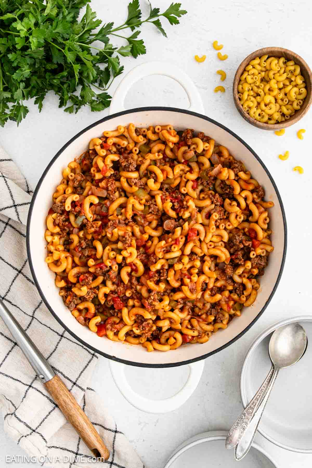 Large pot of Goulash with a side of small macaroni noodles in a small bowl