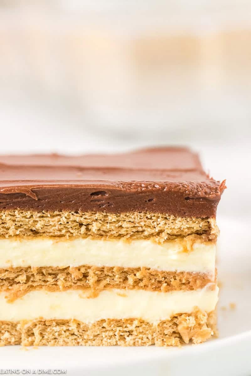 Eclair Cake sliced on a plate