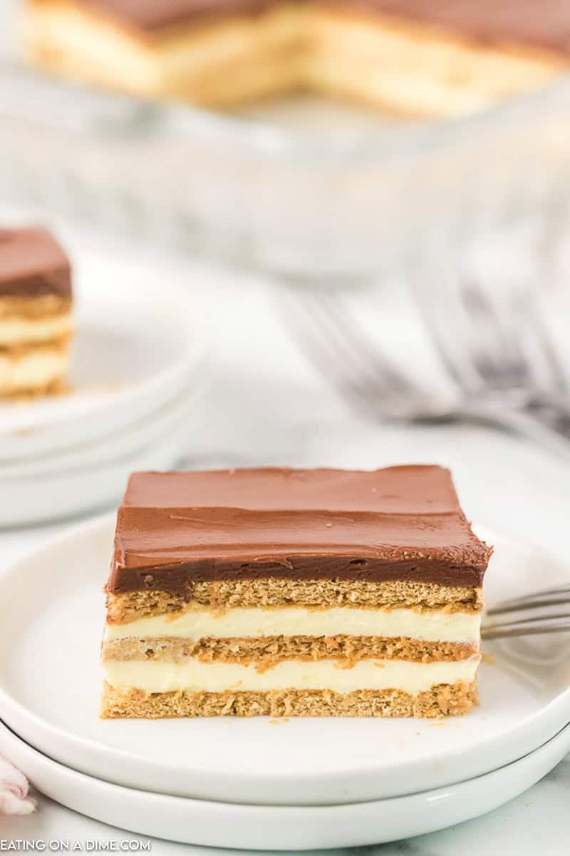 Eclair Cake sliced on a plate